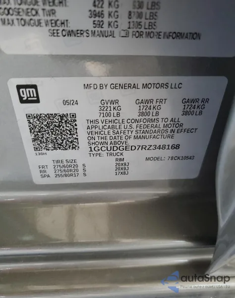 2024 Chevrolet Silverado K1500 Ltz z USA, uszkodzony, nr VIN 1GCUDGED7RZ348168